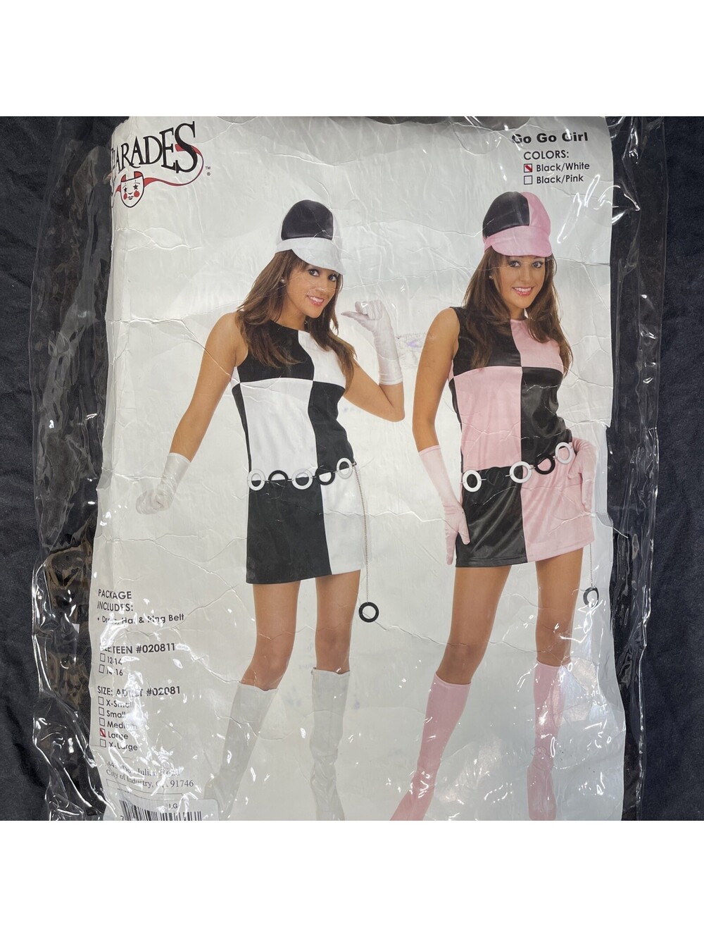 Go Go Gril Costume -Ladies 1960s Dress - Black & White- Large w/ earnings & belt